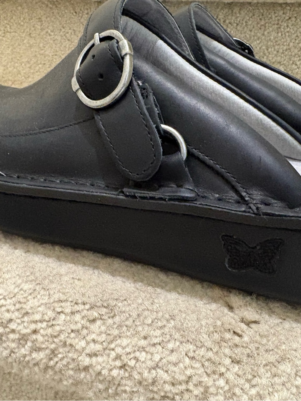 Alegria Women’s Black Leather Slip-On Clogs with Buckle - Picture 8 of 16